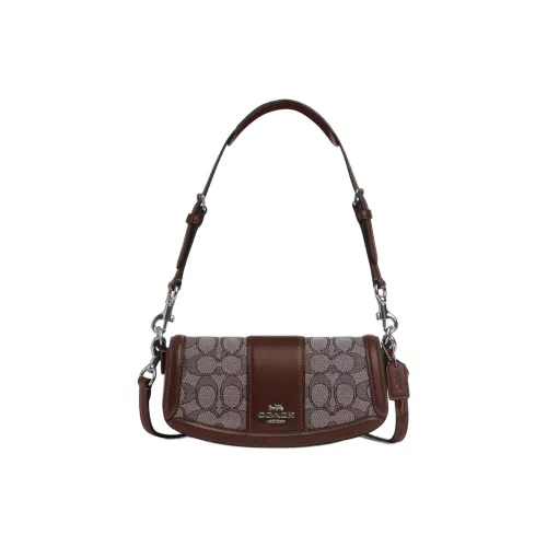 COACH Iconic Jacquard With Exquisite Calfskin Portable Crossbody Bag Shoulder Bag Small Size Women's Brown