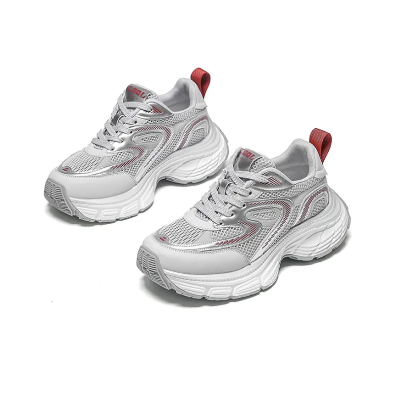 WOOS BOBO Chunky Sneakers Women's Low Top White, Silver, Red-8
