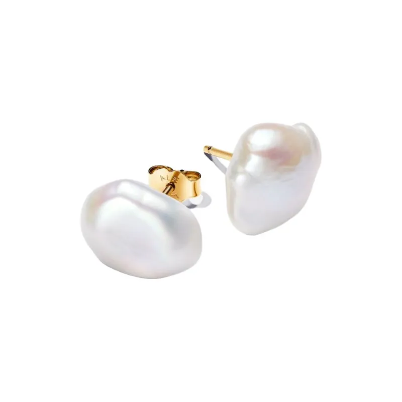 Pandora Gold Plated Copper Silver Alloy Pearl Stud Earrings Women's White-0