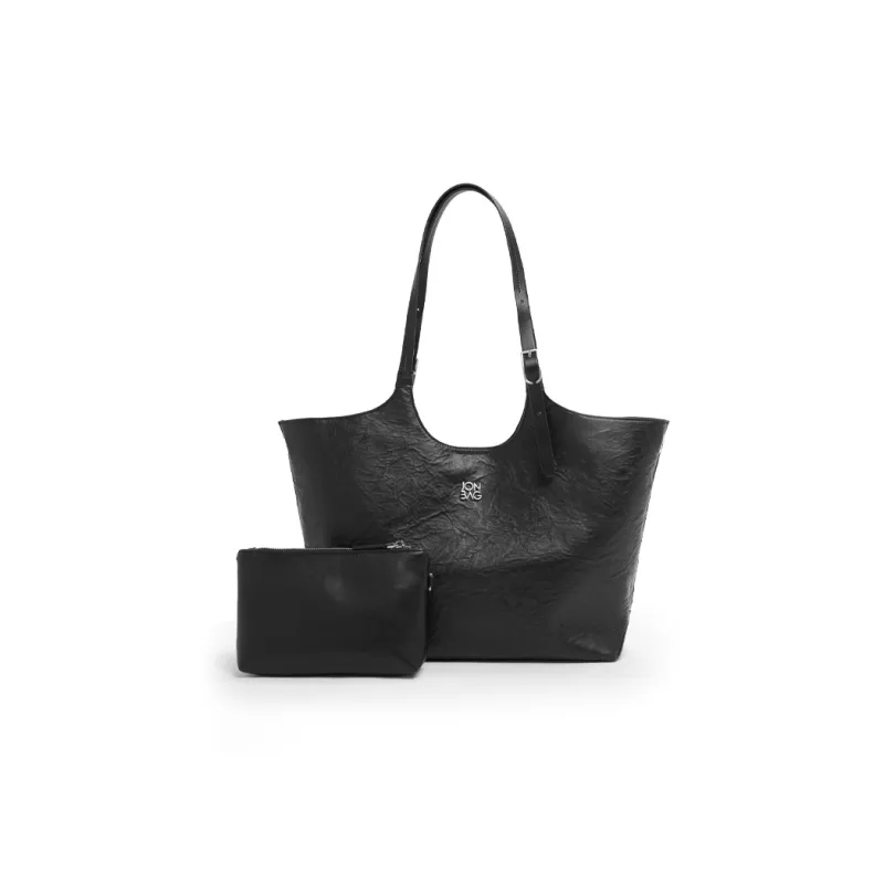 JONBAG Synthetic Leather Tote Bag Shoulder Bag Large Size Women's Pure Black-2