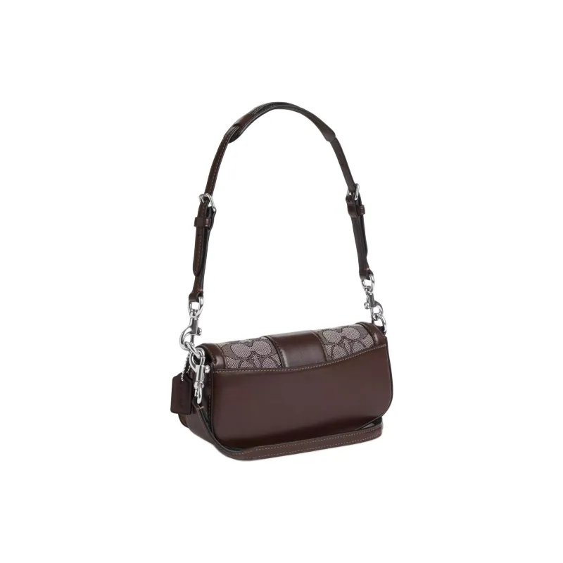 COACH Iconic Jacquard With Exquisite Calfskin Portable Crossbody Bag Shoulder Bag Small Size Women's Brown-1