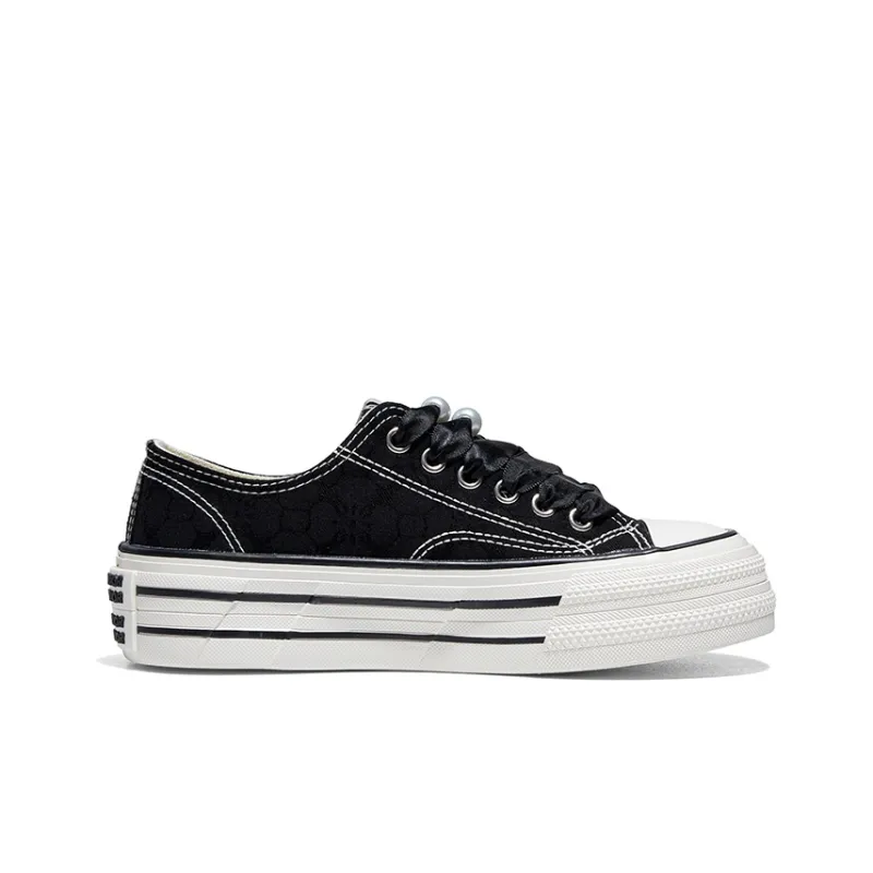 Warrior Platform White Sneakers Canvas Shoes Women's Black-1