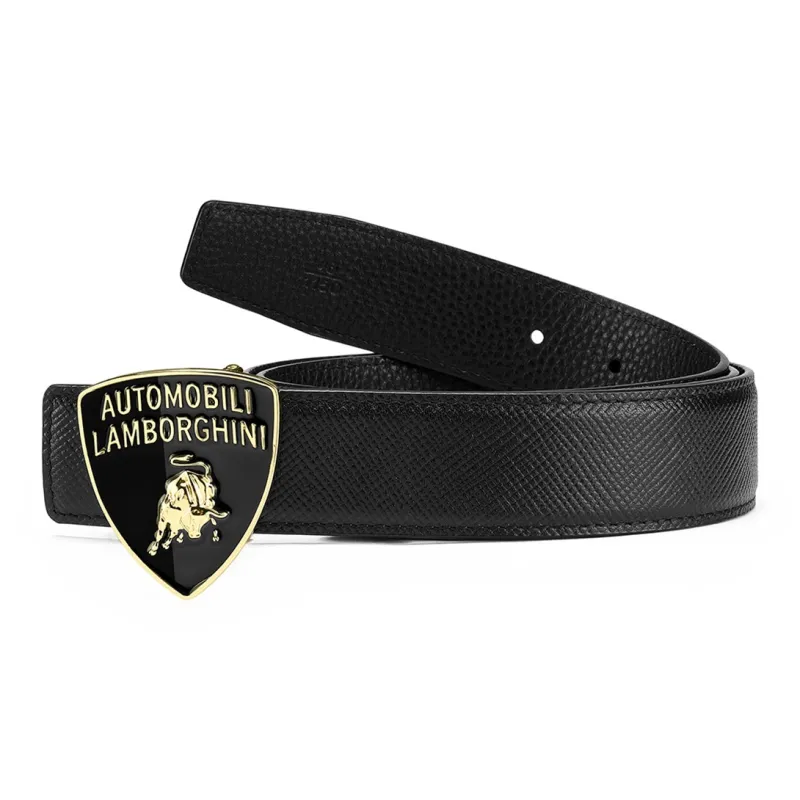 Automobili Lamborghini Shield Design Genuine Leather Cross Grain Luxury Cow Leather Belts Men's Width 3.45cm-2