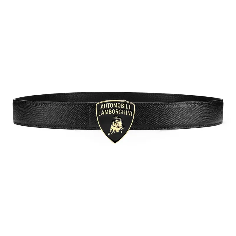 Automobili Lamborghini Shield Design Genuine Leather Cross Grain Luxury Cow Leather Belts Men's Width 3.45cm-6