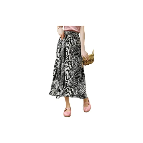 Wbwq Casual Long Skirts Women's Black And White Floral Pattern