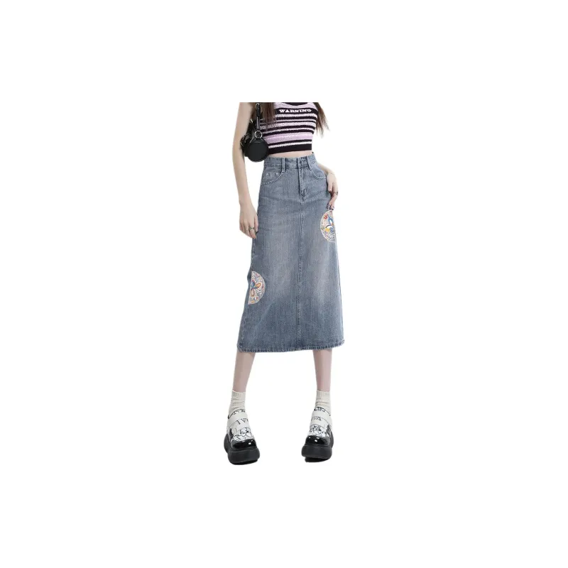 Weixi Denim Long Skirts Women's Blue-2