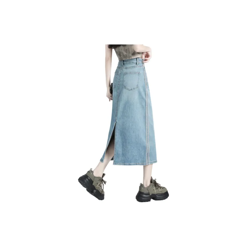 Rose Denim Long Skirts Women's Cream Light Blue-2
