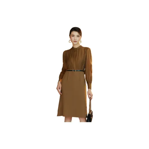 BBLLUUEE Long-Sleeved Dresses Women's Elegant Camel