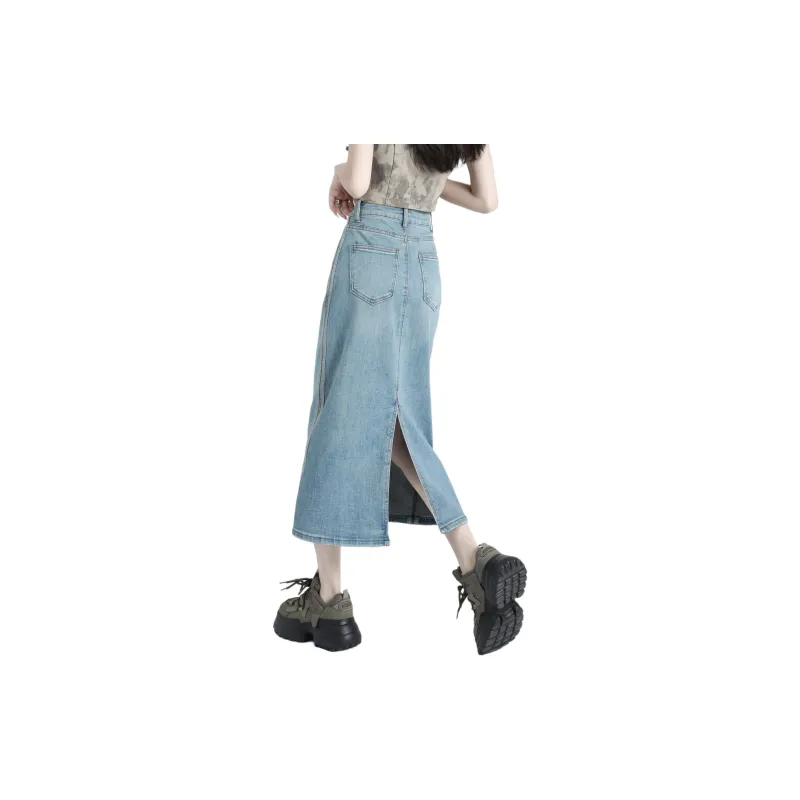 Rose Denim Long Skirts Women's Cream Light Blue-1