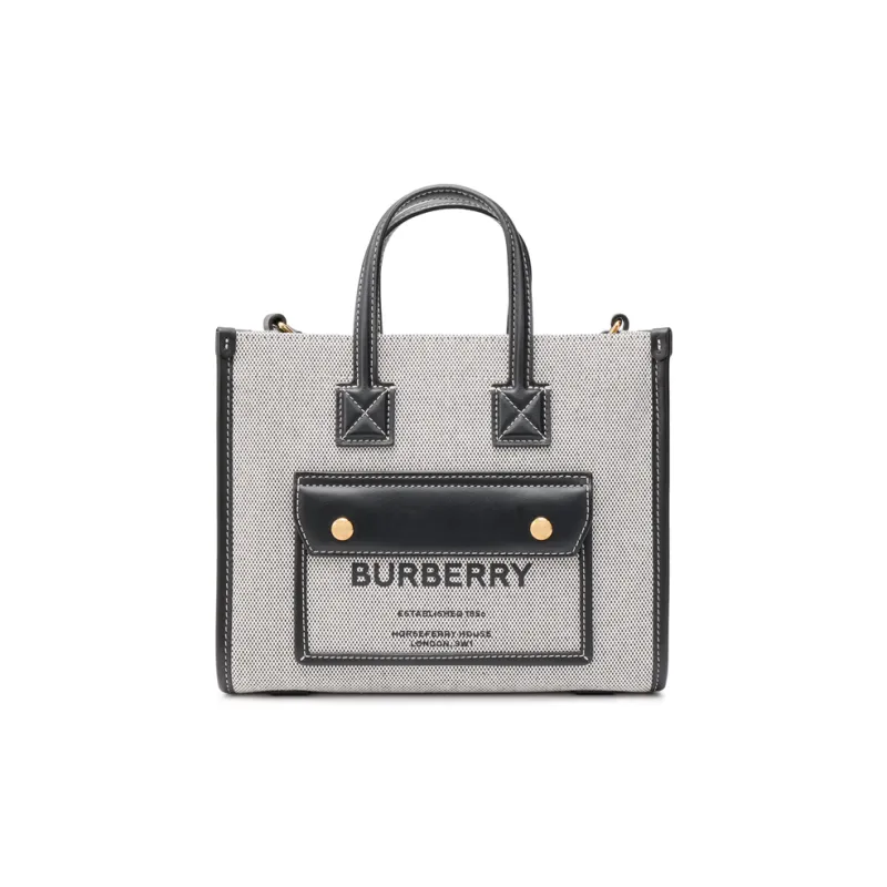 Burberry Freya Cotton With Calfskin Tote Bag Shopping Bag Shoulder Bag Crossbody Bag Handbags Mini Women's Black/Gray-1