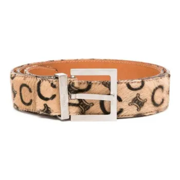 CELINE Triomphe Logo Design Pin Buckle Leather Belts Women's Beige 3cm