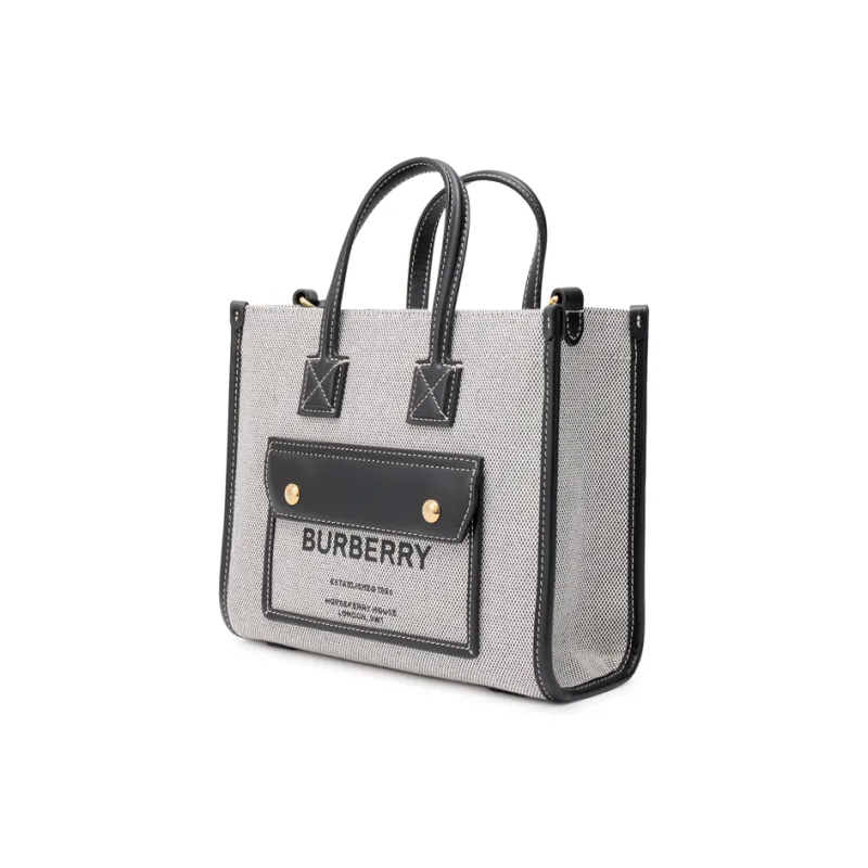 Burberry Freya Cotton With Calfskin Tote Bag Shopping Bag Shoulder Bag Crossbody Bag Handbags Mini Women's Black/Gray-3
