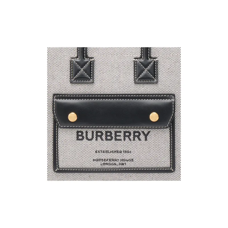 Burberry Freya Cotton With Calfskin Tote Bag Shopping Bag Shoulder Bag Crossbody Bag Handbags Mini Women's Black/Gray-7