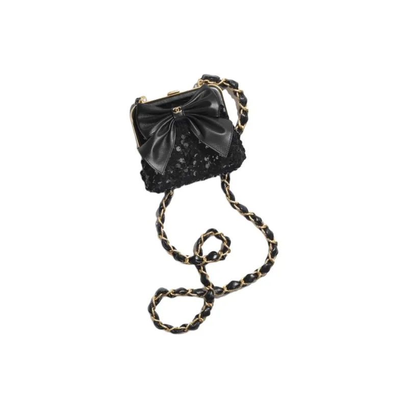 CHANEL Tweed Sequins Shoulder Bag, Crossbody Bag Women's Black-1