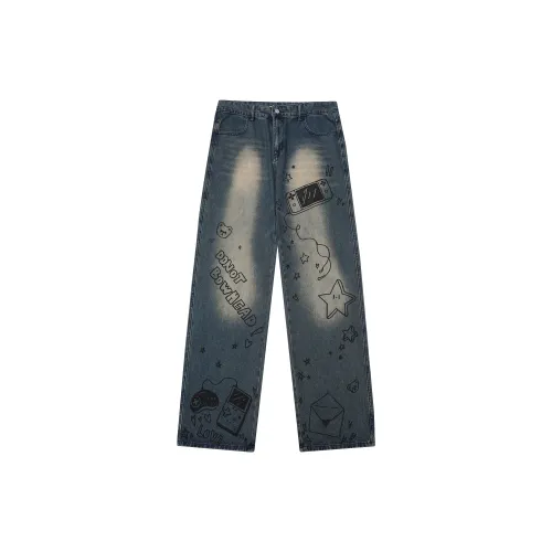 DNBH Hand-drawn Doodle Series Jeans Unisex Vintage Blue