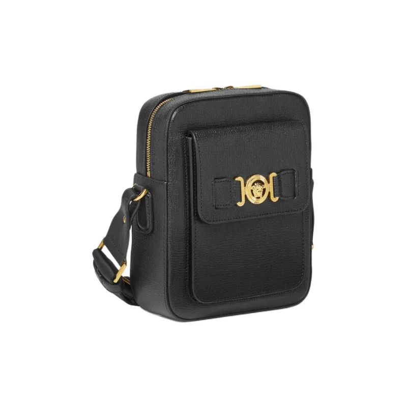 VERSACE MEDUSA BIGGIE Series Goatskin Shoulder Bag Crossbody Bag Men's Black & Gold-1
