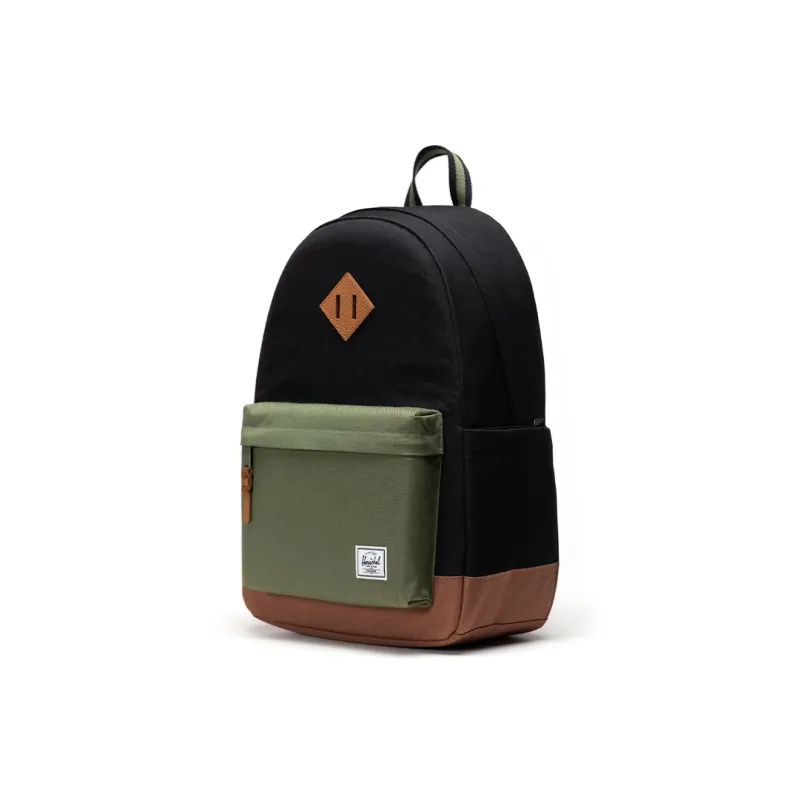 Herschel Recycled Fabric Backpack Unisex Black With Four-Leaf Clover And Brown Saddle Design-1