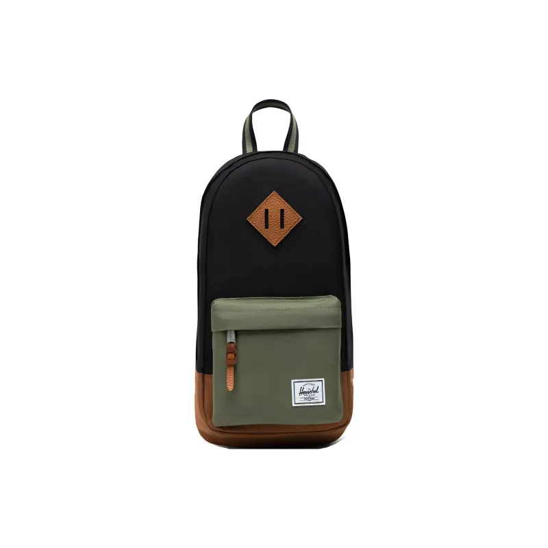 Herschel Recycled Fabric Crossbody Bag Shoulder Bag Unisex Black With Four-Leaf Clover And Brown Saddle Design-0