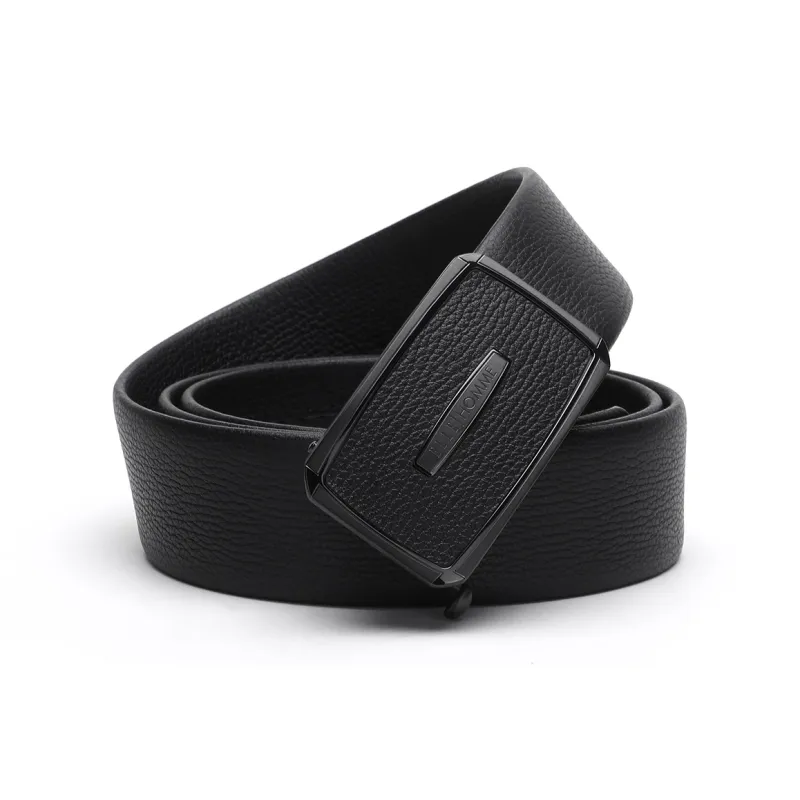 ELLE HOMME Automatic Buckle With Leather And Steel Buckle Top Grain Cow Leather Belts Men's Black Width 3.7cm-0
