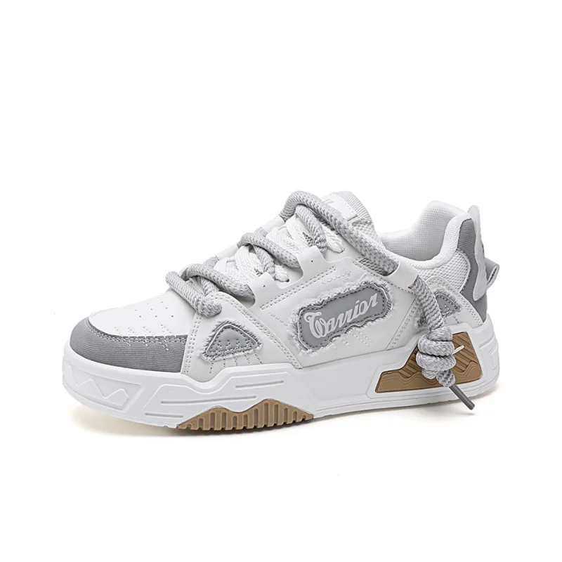 Warrior Wear Resistant Height Increasing Low Top Skateboard Shoes Men's Beige Gray-3