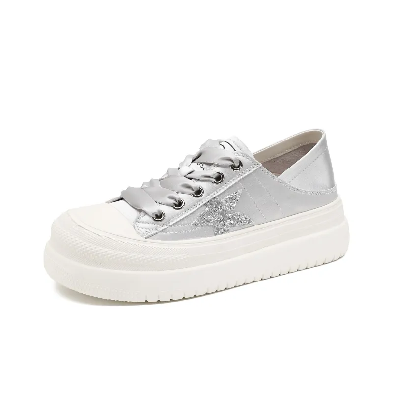 D:FUSE SCANDINAVIA Flat Shoes White Sneakers Breathable Lightweight Height Increasing Low-Top Skateboard Shoes Women's-1