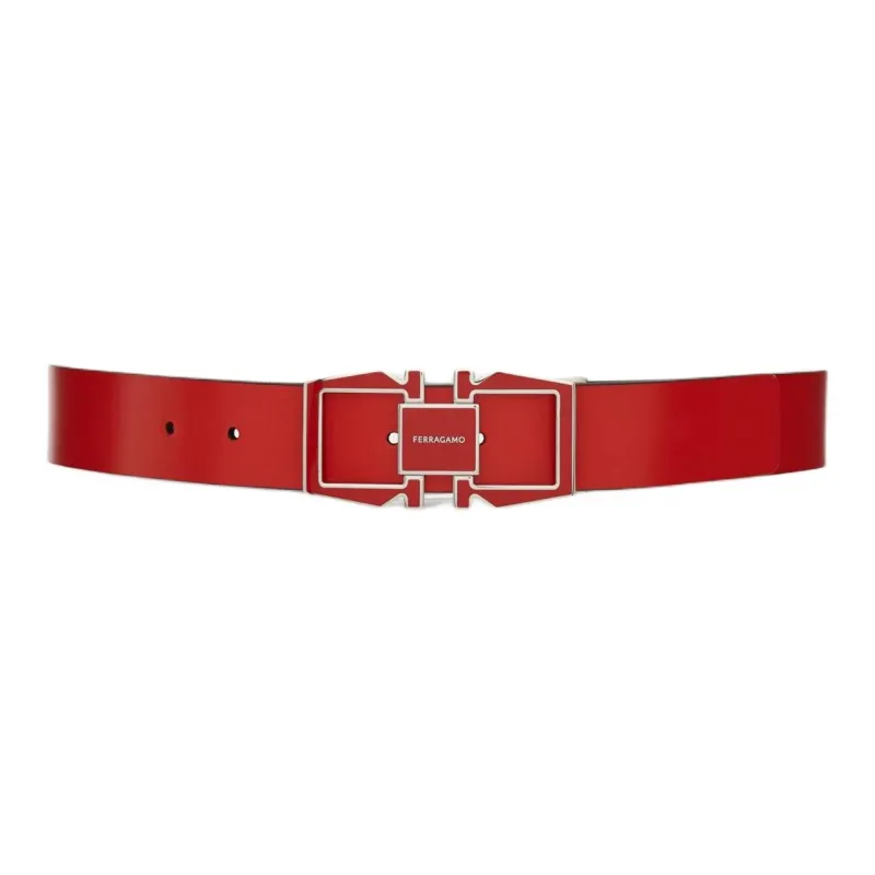 FERRAGAMO Double-Sided Design Smooth Buckle Calfskin Leather Belts Men's Red Width: 3CM-1