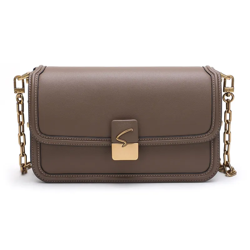 Satchi Cow Leather Shoulder Bag Regular Women's Khaki/Yellow Brown/White-0