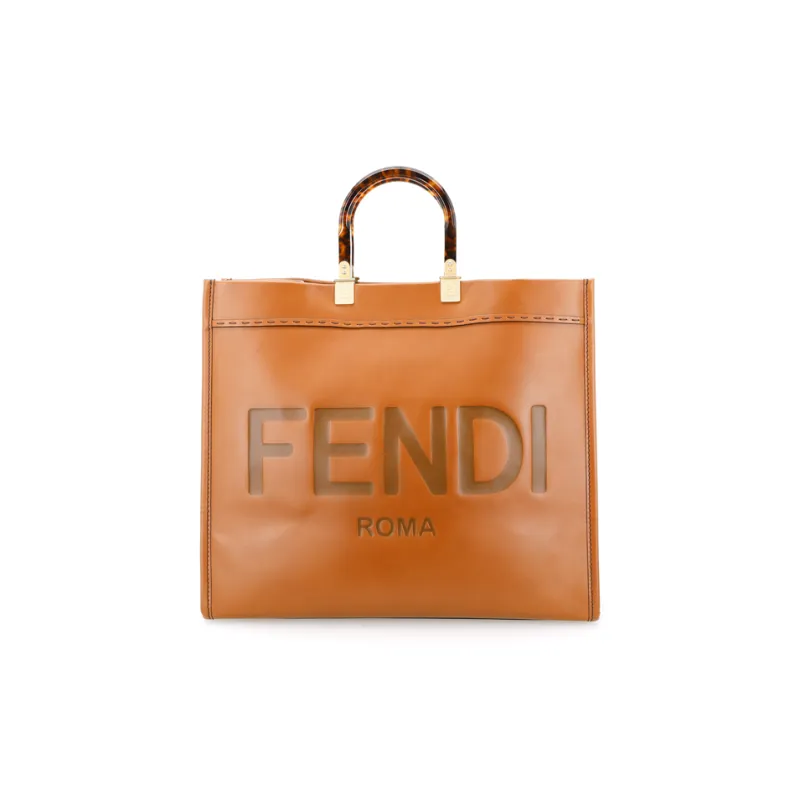 FENDI Sunshine Cow Leather Tote Bag, Shopping Bag, Handbag Tubas Unisex Brown-1