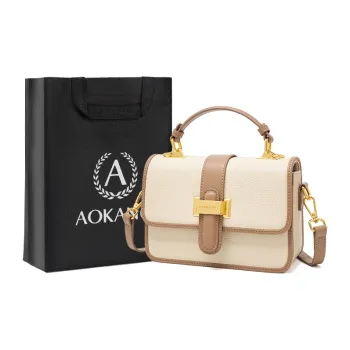 AOKANG Cow Leather Small Square Bag Handbag Shoulder Bag Crossbody Bag Commuter Bag Regular Women's Ecru/Classic Black