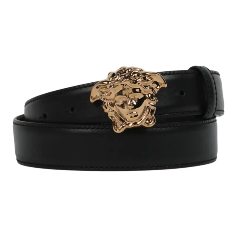 VERSACE Logo Design Pin Buckle Leather Belts Men's Black-1