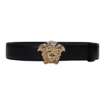 VERSACE Logo Design Pin Buckle Leather Belts Men's Black