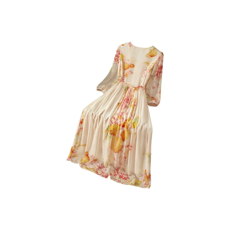 Cypress House Long-Sleeved Dresses Women's Beige Base With Pink Floral Pattern-1