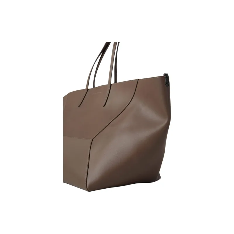 Brunello Cucinelli Matte Calfskin Tote Bag Shopping Bag Handbag Large Size Women's Brown-3