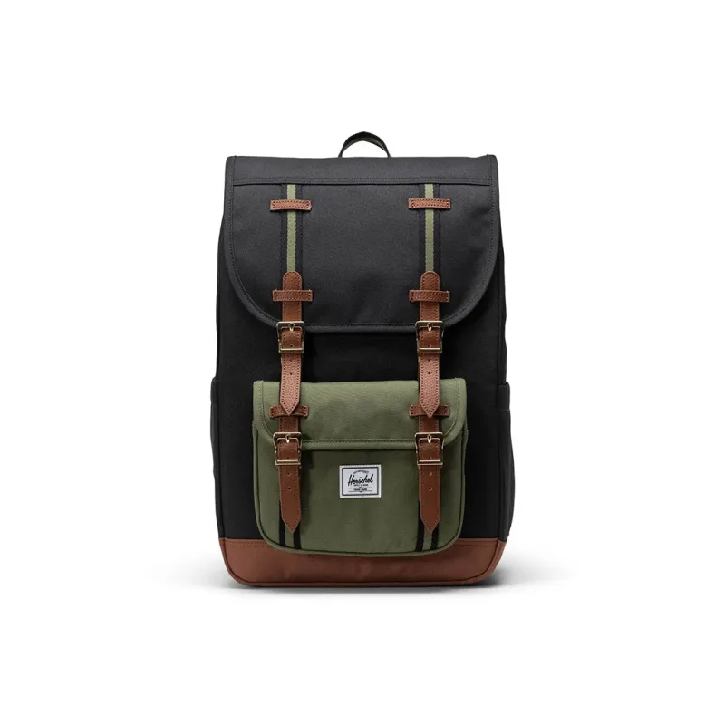 Herschel Eco-Friendly Recycled Fabric Backpack Unisex Black With Four-Leaf Clover And Brown Saddle Design-0