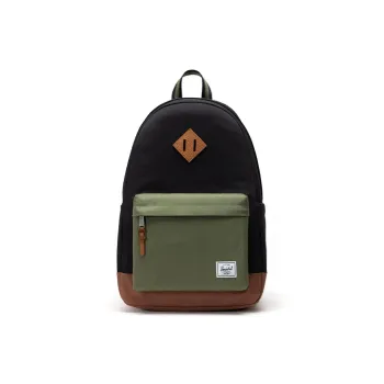 Herschel Recycled Fabric Backpack Unisex Black With Four-Leaf Clover And Brown Saddle Design
