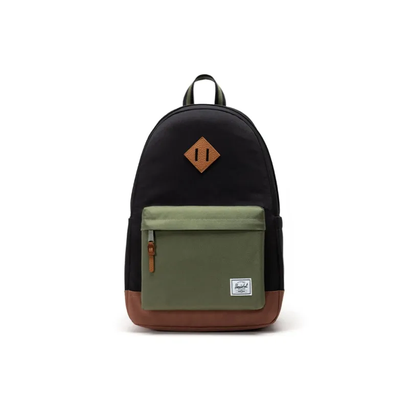 Herschel Recycled Fabric Backpack Unisex Black With Four-Leaf Clover And Brown Saddle Design-0