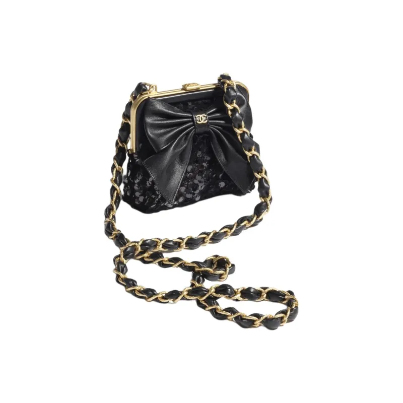 CHANEL Tweed Sequins Shoulder Bag, Crossbody Bag Women's Black-0