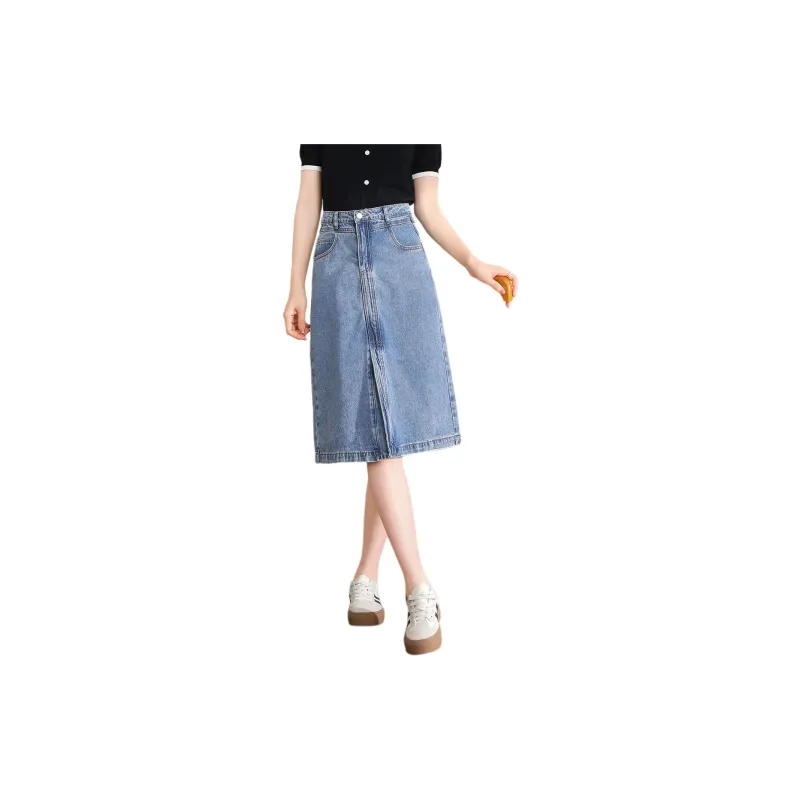Weixi Denim Long Skirts Women's Blue-4