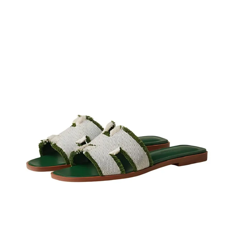 HERMES Oran Sandal Vert Canvas-2