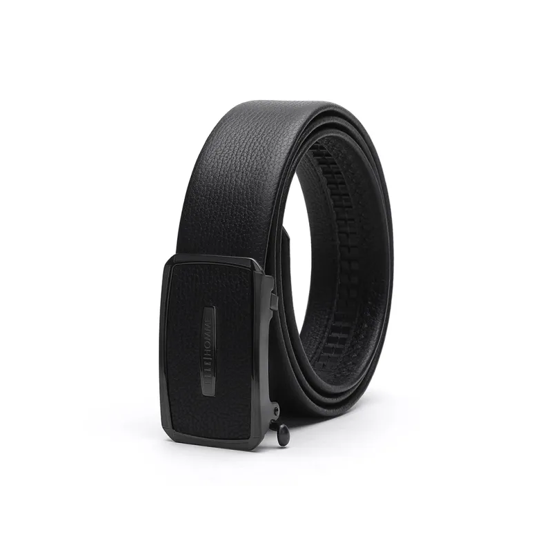 ELLE HOMME Automatic Buckle With Leather And Steel Buckle Top Grain Cow Leather Belts Men's Black Width 3.7cm-1