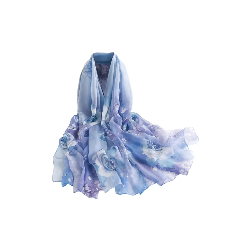 Hang Silk Road Mulberry Silk Silk Scarves Women's Blue-1