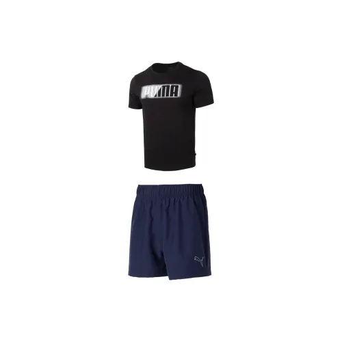 PUMA Casual Sportswear Men Set Black Tops+Tweed Blue Shorts