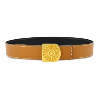 HERMES Le Soleil Hinflower Double-Sided Design Smooth Buckle Calfskin Leather Belts Women's Brown Width: 3CM