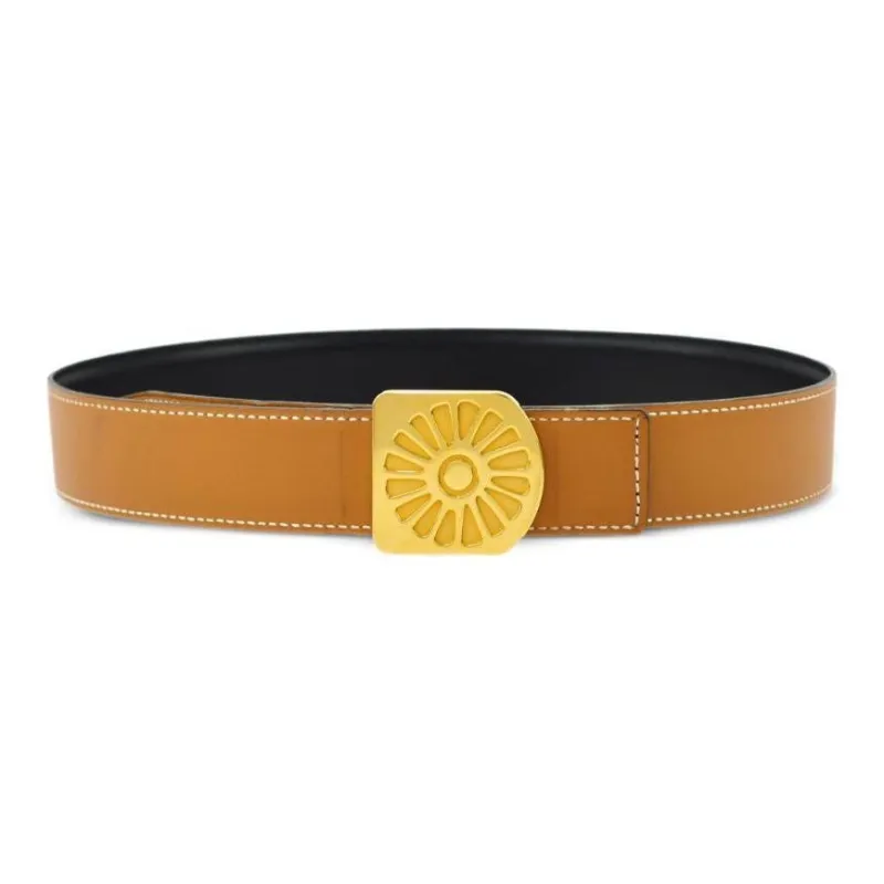 HERMES Le Soleil Hinflower Double-Sided Design Smooth Buckle Calfskin Leather Belts Women's Brown Width: 3CM-0