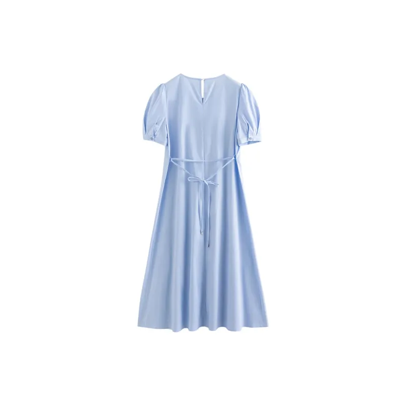 Initial Language Short Sleeved Dresses Women's Light Blue-1