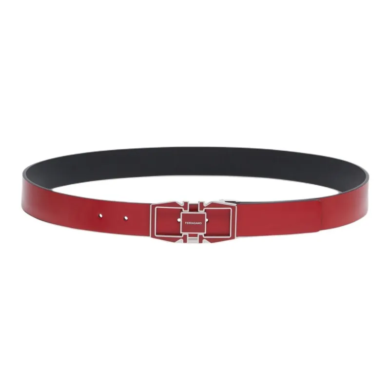 FERRAGAMO Double-Sided Design Smooth Buckle Calfskin Leather Belts Men's Red Width: 3CM-0