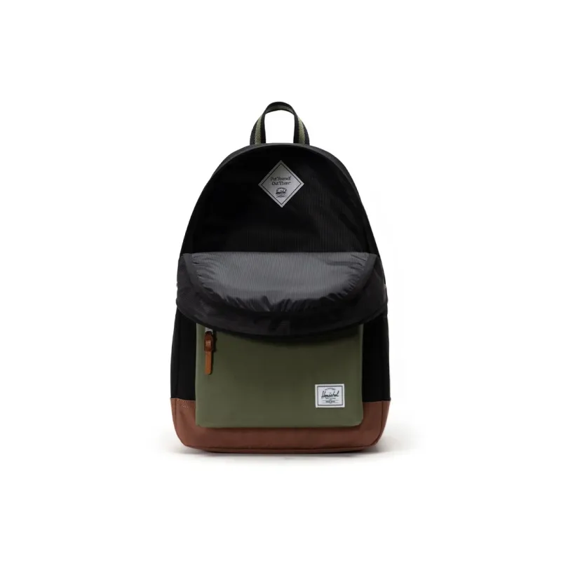 Herschel Recycled Fabric Backpack Unisex Black With Four-Leaf Clover And Brown Saddle Design-3