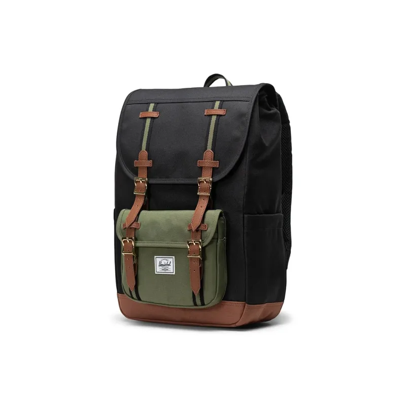 Herschel Eco-Friendly Recycled Fabric Backpack Unisex Black With Four-Leaf Clover And Brown Saddle Design-2