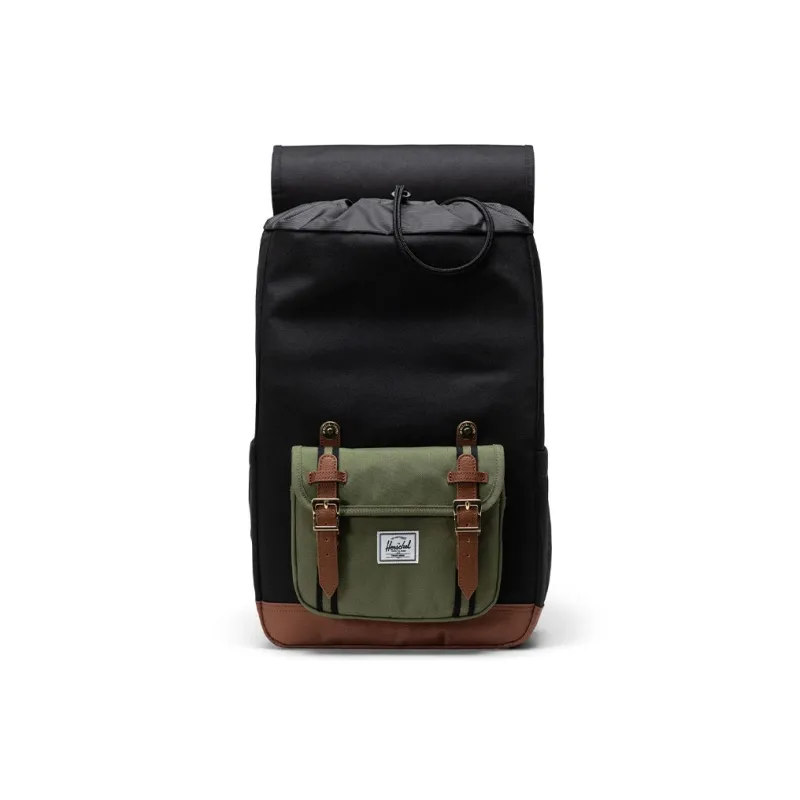 Herschel Eco-Friendly Recycled Fabric Backpack Unisex Black With Four-Leaf Clover And Brown Saddle Design-1