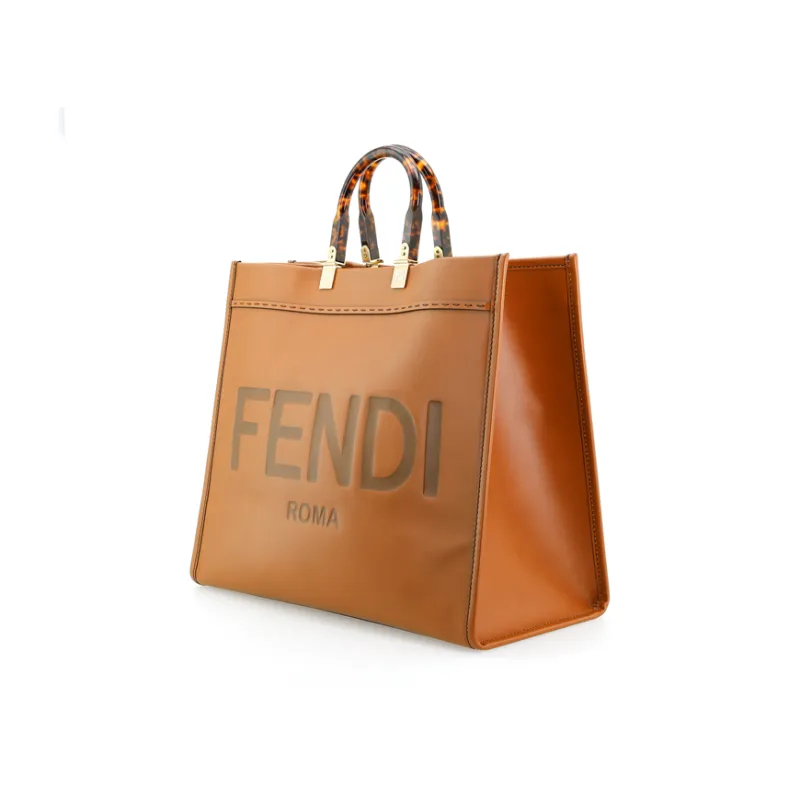 FENDI Sunshine Cow Leather Tote Bag, Shopping Bag, Handbag Tubas Unisex Brown-3